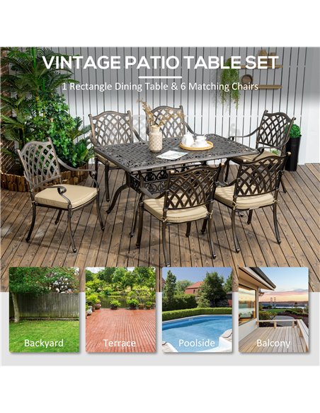 Outsunny 6-Seater Patio Dining Set with Umbrella Hole, Cast Aluminum Patio Furniture Set with Six Cushioned Chairs and Rectangle - pic 35378 | FastDaddyshop