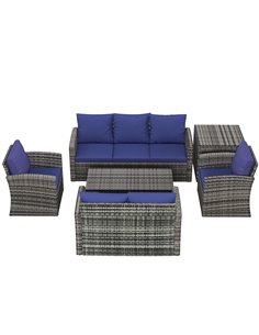 Outsunny 6 Pieces Outdoor Rattan Wicker Sofa Set, Mixed Grey Rattan & Navy Blue Cushion 860-120V71NU
