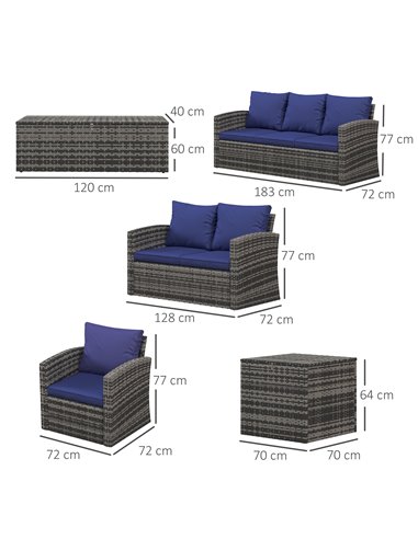 Outsunny 6 Pieces Outdoor Rattan Wicker Sofa Set, Mixed Grey Rattan & Navy Blue Cushion 860-120V71NU