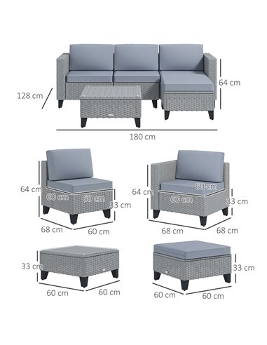 Outsunny 5-Piece Rattan Patio Furniture Set with Corner Sofa, Footstools, Coffee Table, for Poolside, Grey 860-319V70GY