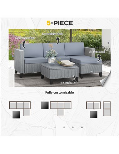 Outsunny 5-Piece Rattan Patio Furniture Set with Corner Sofa, Footstools, Coffee Table, for Poolside, Grey 860-319V70GY