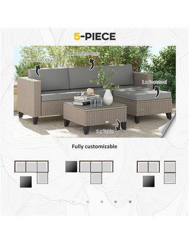Outsunny 5-Piece Rattan Patio Furniture Set with Corner Sofa, Footstools, Coffee Table, for Poolside, Brown 860-319V70BN