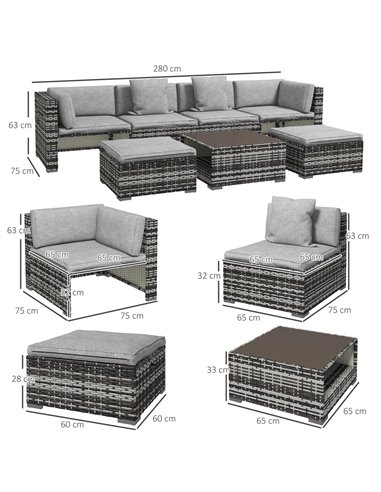 Outsunny 7-Piece Rattan Patio Furniture Set with Sofa, Mixed Grey 860-318V70LG