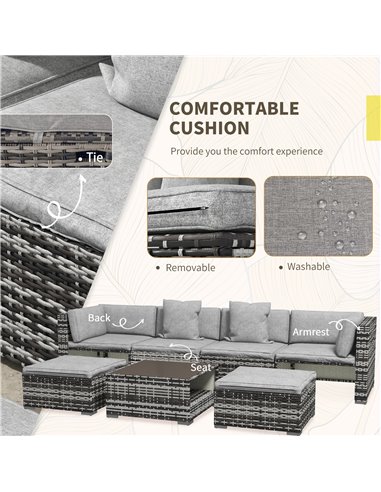 Outsunny 7-Piece Rattan Patio Furniture Set with Sofa, Footstools, Coffee Table, Side Shelves, Cushions, Pillows, Mixed Grey 860