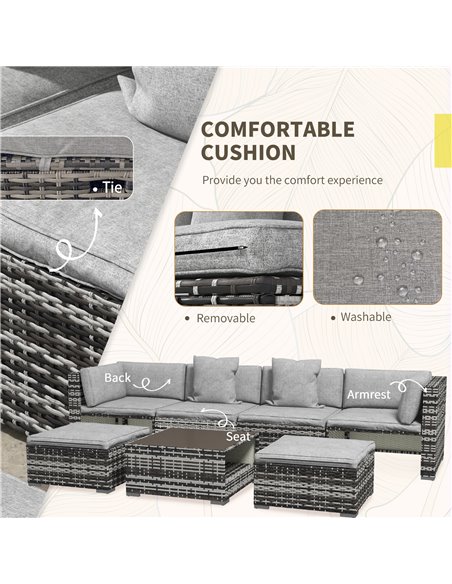 Outsunny 7-Piece Rattan Patio Furniture Set with Sofa, Footstools, Coffee Table, Side Shelves, Cushions, Pillows, Mixed Grey 860 - pic 35486 | FastDaddyshop