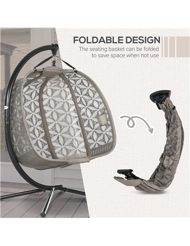 Outsunny Outdoor Double Hanging Chair, Swing Chair with Metal Stand, Thick Padded Cushion, Foldable Basket Cup Holders for Indoo