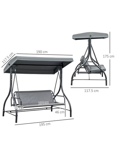 Outsunny 3 Seater Canopy Swing Chair, 2 in 1 Garden Swing Seat Bed, with Adjustable Canopy and Metal Frame, Dark Grey 84A-031V01