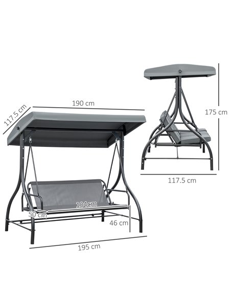 Outsunny 3 Seater Canopy Swing Chair, 2 in 1 Garden Swing Seat Bed, with Adjustable Canopy and Metal Frame, Dark Grey 84A-031V01 - pic 35600 | FastDaddyshop