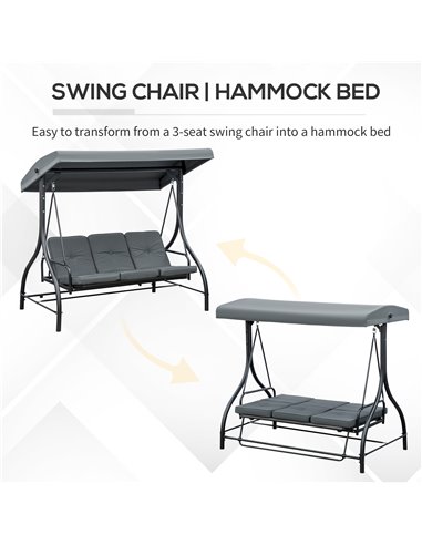 Outsunny 3 Seater Canopy Swing Chair, 2 in 1 Garden Swing Seat Bed, with Adjustable Canopy and Metal Frame, Dark Grey 84A-031V01
