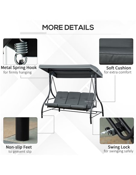 Outsunny 3 Seater Canopy Swing Chair, 2 in 1 Garden Swing Seat Bed, with Adjustable Canopy and Metal Frame, Dark Grey 84A-031V01 - pic 35603 | FastDaddyshop