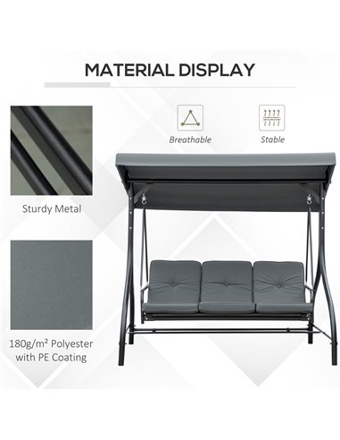 Outsunny 3 Seater Canopy Swing Chair, 2 in 1 Garden Swing Seat Bed, with Adjustable Canopy and Metal Frame, Dark Grey 84A-031V01