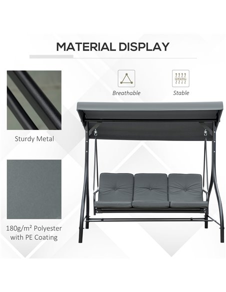 Outsunny 3 Seater Canopy Swing Chair, 2 in 1 Garden Swing Seat Bed, with Adjustable Canopy and Metal Frame, Dark Grey 84A-031V01 - pic 35604 | FastDaddyshop