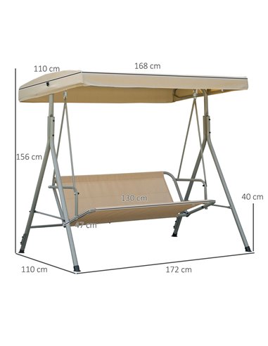 Outsunny 3 Seater Garden Swing Chair, Patio Rocking Bench with Tilting Canopy, Removable Cushion and Steel Frame, Light Brown 84
