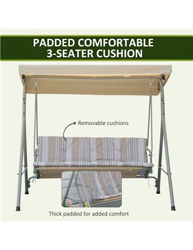 Outsunny 3 Seater Garden Swing Chair, Patio Rocking Bench with Tilting Canopy, Removable Cushion and Steel Frame, Light Brown 84