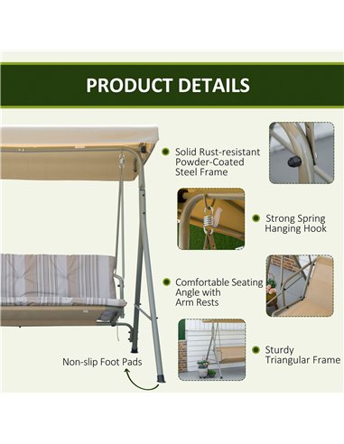 Outsunny 3 Seater Garden Swing Chair, Patio Rocking Bench with Tilting Canopy, Removable Cushion and Steel Frame, Light Brown 84