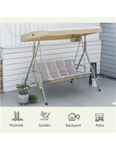 Outsunny 3 Seater Garden Swing Chair, Patio Rocking Bench with Tilting Canopy, Removable Cushion and Steel Frame, Light Brown 84