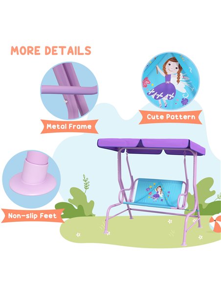 Outsunny 2 Seater Kids Garden Swing Fairy Themed Kids Swing Chair with Adjustable Canopy, Safety Belts for Park Porch Poolside 3 - pic 35639 | FastDaddyshop
