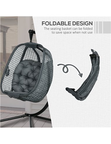 Outsunny Outdoor Swing Chair w/ Thick Padded Cushion, Patio Hanging Chair w/ Metal Stand, Foldable Basket, Cup Holder, Dark Grey