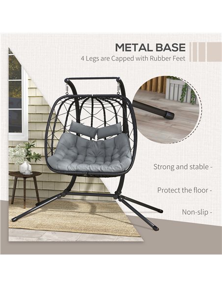Outsunny Outdoor PE Rattan Double-seater Swing Chair w/ Thick Padded Cushion, Patio Hanging Chair for 2 w/ Metal Stand, Headrest - pic 35701 | FastDaddyshop