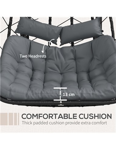 Outsunny Outdoor PE Rattan Double-seater Swing Chair w/ Thick Padded Cushion, Patio Hanging Chair for 2 w/ Metal Stand, Headrest