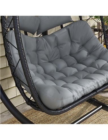Outsunny Outdoor PE Rattan Double-seater Swing Chair w/ Thick Padded Cushion, Patio Hanging Chair for 2 w/ Metal Stand, Headrest