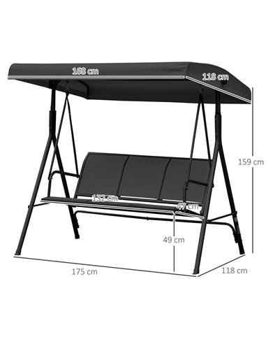 Outsunny Three-Seater Garden Swing Chair, with Canopy - Black 84A-234BK