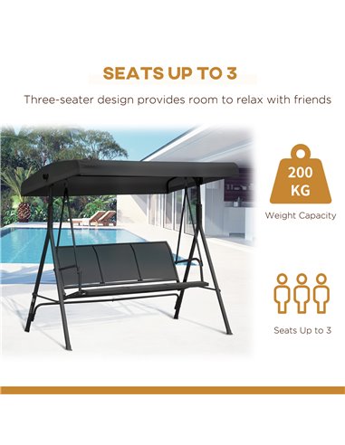 Outsunny Three-Seater Garden Swing Chair, with Canopy - Black 84A-234BK