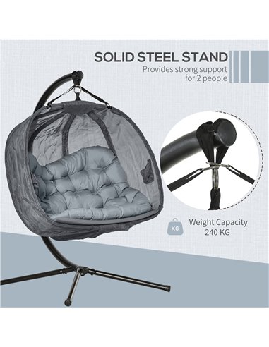 Outsunny Double Hanging Egg Chair 2 Seaters Swing Hammock Chair with Stand, Cushion and Folding Design, for Indoor and Outdoor, 