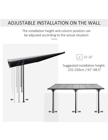 Outsunny Outdoor Patio Wall-mounted 4.35 x 3(m) Gazebo Pergola, Aluminum Post, PC Roof 84C-182