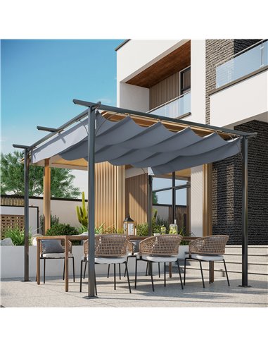 Outsunny 3x3 (m) Metal Pergola Gazebo Awning Retractable Shelter, Grey 84C-093GY