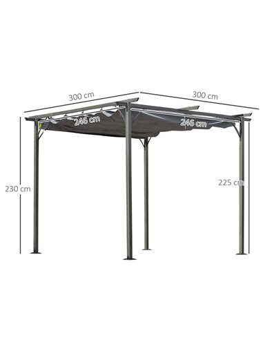 Outsunny 3x3 (m) Metal Pergola Gazebo Awning Retractable Shelter, Grey 84C-093GY