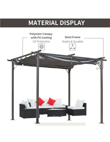 Outsunny 3x3 (m) Metal Pergola Gazebo Awning Retractable Canopy Outdoor Garden Sun Shade Shelter Marquee Party BBQ Grey 84C-093G - pic 35808 | FastDaddyshop