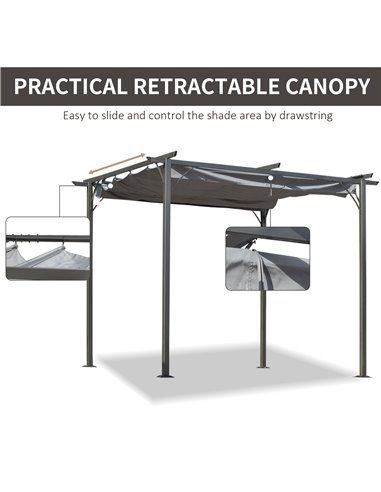 Outsunny 3x3 (m) Metal Pergola Gazebo Awning Retractable Canopy Outdoor Garden Sun Shade Shelter Marquee Party BBQ Grey 84C-093G