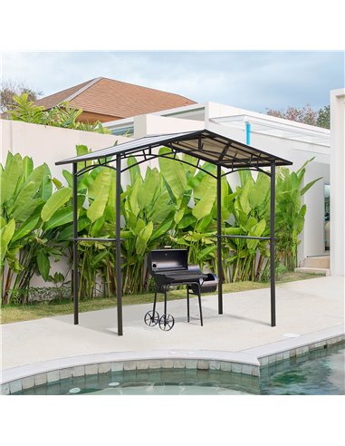 Outsunny 8ft x 5ft Outdoor BBQ Protective Gazebo Tent Aluminium Steel Frame w/ 2 Shelves Hardtop Roof Canopy Ground Stakes Safe 