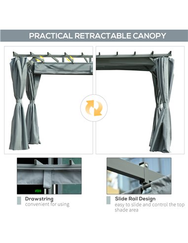 Outsunny 3.6 x 3(m) Outdoor Pergola Gazebo Retractable Canopy Garden Shelter Sun Shade Party with Curtains, Aluminum, Dark Grey 