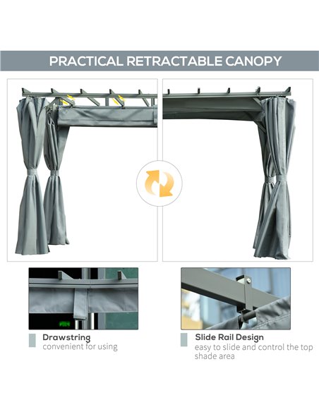 Outsunny 3.6 x 3(m) Outdoor Pergola Gazebo Retractable Canopy Garden Shelter Sun Shade Party with Curtains, Aluminum, Dark Grey  - pic 35865 | FastDaddyshop