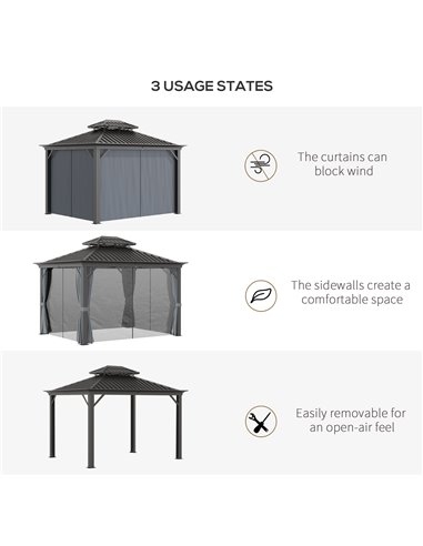 Outsunny 3.7 x 3(m) Outdoor Hardtop Gazebo Canopy Aluminum Frame with 2-Tier Roof & Mesh Netting Sidewalls for Patio, Grey 84C-2