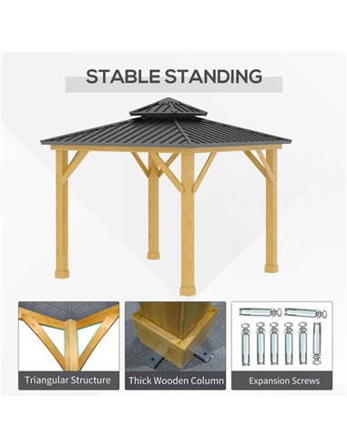 Outsunny 3x(3)M Outdoor Hardtop Gazebo Canopy with 2-Tier Roof and Solid Wood Frame Outdoor Patio Shelter for Patio, Garden, Gre