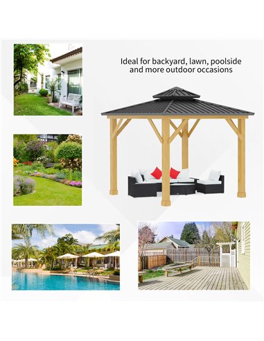 Outsunny 3x(3)M Outdoor Hardtop Gazebo Canopy with 2-Tier Roof and Solid Wood Frame Outdoor Patio Shelter for Patio, Garden, Gre