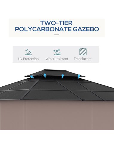 Outsunny 3.6 x 3 (m) Outdoor Polycarbonate Gazebo, Double Roof Hard Top Gazebo with Nettings & Curtains for Garden, Lawn, Patio 