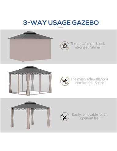 Outsunny 3.6 x 3 (m) Outdoor Polycarbonate Gazebo, Double Roof Hard Top Gazebo with Nettings & Curtains for Garden, Lawn, Patio 