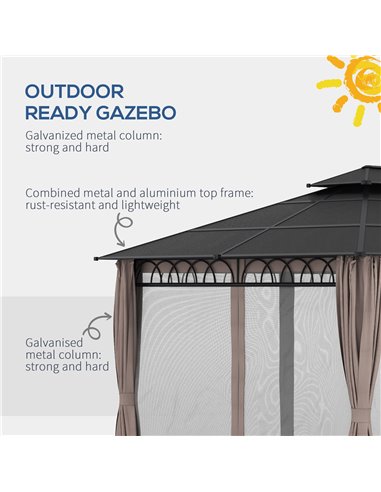 Outsunny 3.6 x 3 (m) Outdoor Polycarbonate Gazebo, Double Roof Hard Top Gazebo with Nettings & Curtains for Garden, Lawn, Patio 