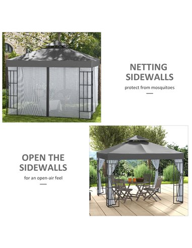 Outsunny 3 x 3(m) Patio Gazebo Canopy Garden Pavilion Tent Shelter with 2 Tier Roof and Mosquito Netting, Steel Frame, Grey 84C-