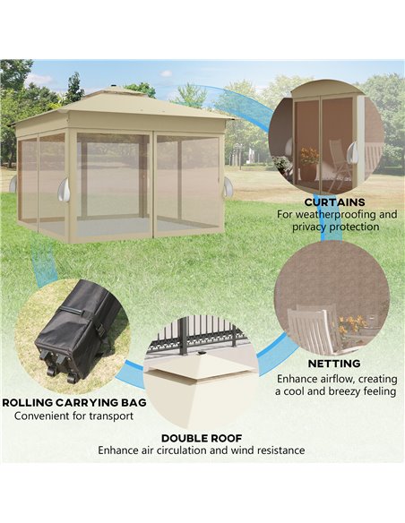 Outsunny 3 x 3(m) Pop Up Gazebo Party Tent with Solar-Powered LED Lights, Adjustable Event Shelter with Curtain, Netting, Khaki  - pic 36457 | FastDaddyshop