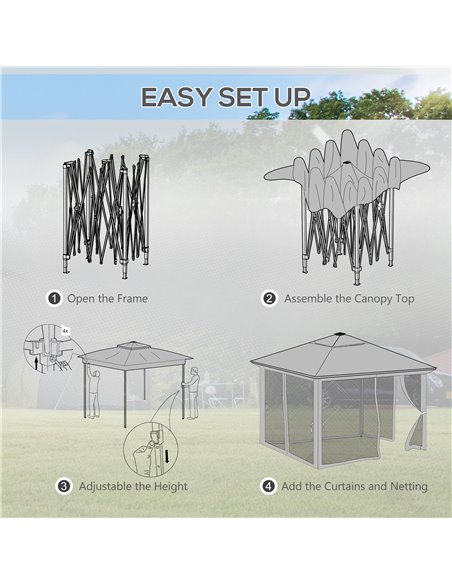 Outsunny 3 x 3(m) Pop Up Gazebo Party Tent with Solar-Powered LED Lights, Adjustable Event Shelter with Curtain, Netting, Khaki  - pic 36458 | FastDaddyshop