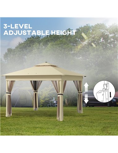 Outsunny 3 x 3(m) Pop Up Gazebo Party Tent with Solar-Powered LED Lights, Adjustable Event Shelter with Curtain, Netting, Khaki 