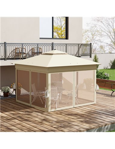 Outsunny 3 x 3(m) Pop Up Gazebo Party Tent with Solar-Powered LED Lights, Adjustable Event Shelter with Curtain, Netting, Khaki 