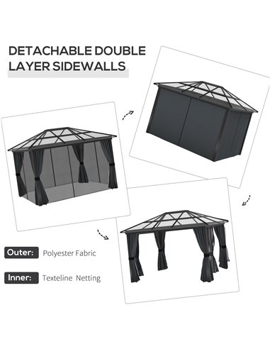 Outsunny 3 x 3.6m Hardtop Gazebo with UV Resistant Polycarbonate Roof and Aluminium Frame, Garden Pavilion with Mosquito Netting