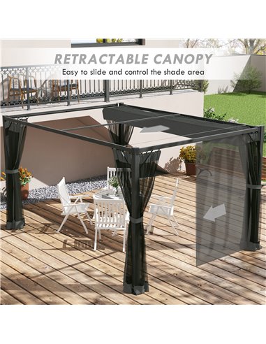 Outsunny 3 x 4m Retractable Pergola, Garden Gazebo Shelter with Nettings, for Grill, Patio, Deck, Dark Grey 84C-482V00GY