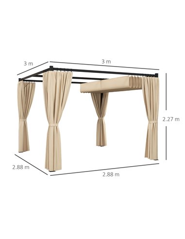 Outsunny 3 x 3(m) Retractable Pergola, Garden Gazebo Shelter with Curtains, for Grill, Patio, Deck, Beige 84C-441V00BG